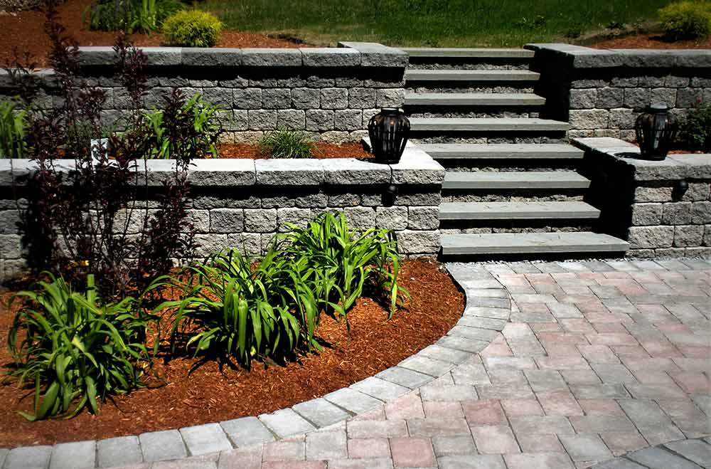 Retaining wall and steps in back yard.