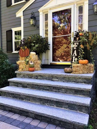 Outdoor veneer stone steps and granite treads.