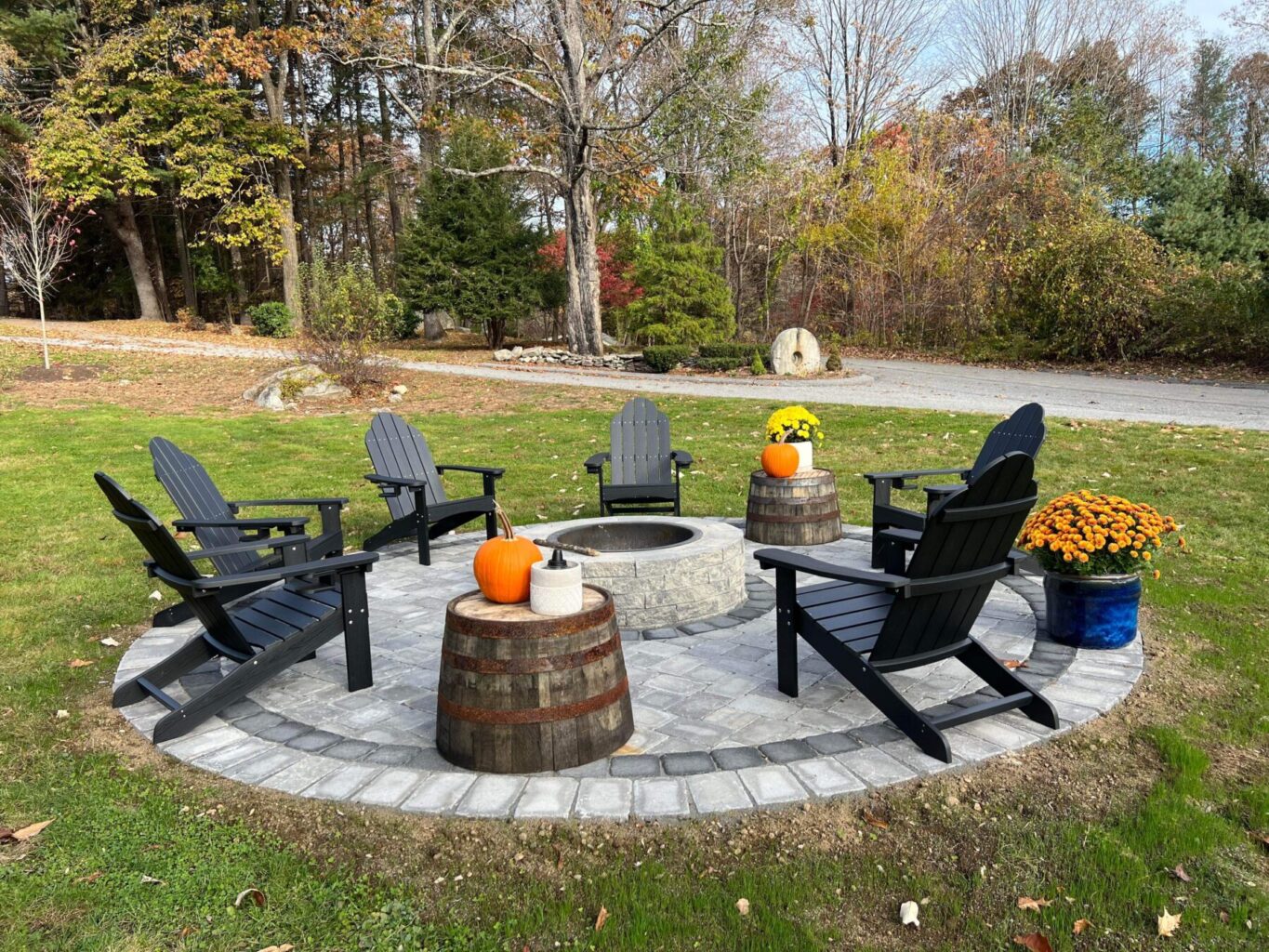 outdoor paver patio with fire pit and adirondack chairs