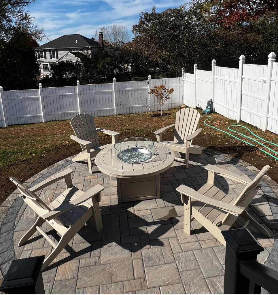 outdoor fire pit on paver patio with lawn furniture